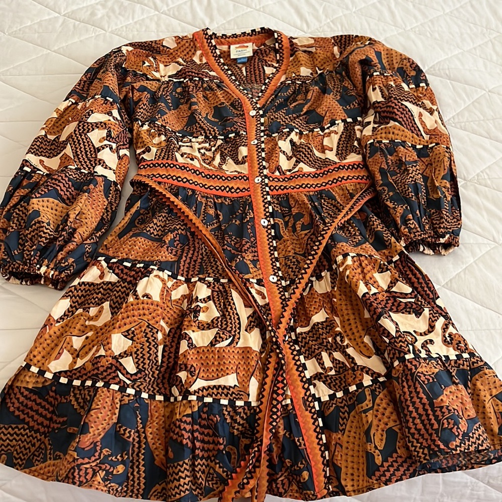 FARM Rio Long Sleeve Print Mini Dress with sash medium - Picture 4 of 16